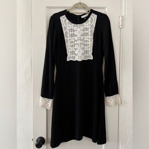 Sandro Paris Seira Long Sleeve Black White Lace Crochet A-line round neck Dress